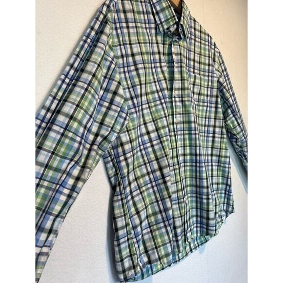 Neiman Marcus Mens Large Plaid Trim Fit Button Up Shirt Blue Green White Plaid - Picture 7 of 12